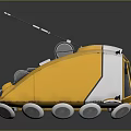 Yellow Tracked Robot With Antenna And Mechanical Parts On Reflective Surface