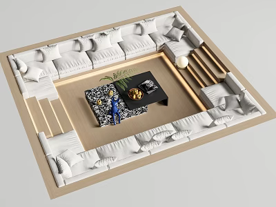 Modern Public Seating Arrangement With White Cushions Central Black Coffee Table Decorative Items And Wooden Accents 3d model