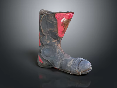 Worn High Top Black Leather Boots With Red Accents And Visible Dirt Marks 3d model
