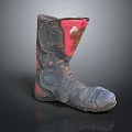 Worn High Top Black Leather Boots With Red Accents And Visible Dirt Marks