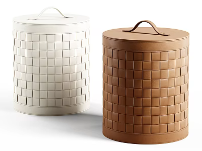 Stylish Woven Storage Baskets With Lids And Handles In White And Brown 3d model