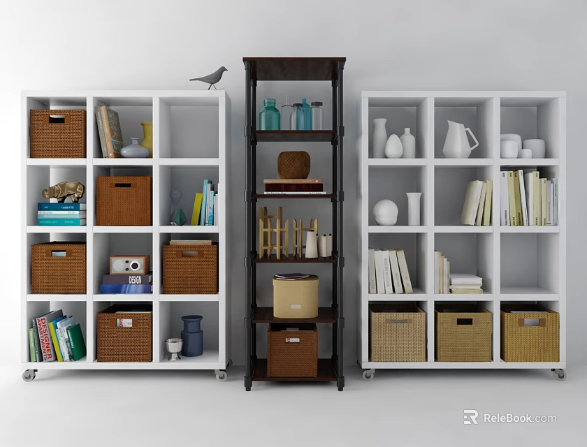 White and Brown Bookcase with Storage Baskets Books Decor Items and Rolling Wheels 3d model 