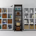 White and Brown Bookcase with Storage Baskets Books Decor Items and Rolling Wheels