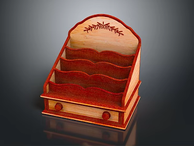 Wooden Multi Tiered Storage Rack With Carved Top Wavy Shelves And Drawer 3d model