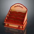 Wooden Multi Tiered Storage Rack With Carved Top Wavy Shelves And Drawer