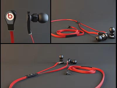 Wired In Ear Headphones With Red Cable And Black Earbuds Design 3d model