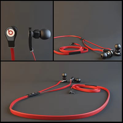 Wired In Ear Headphones With Red Cable And Black Earbuds Design 3d model