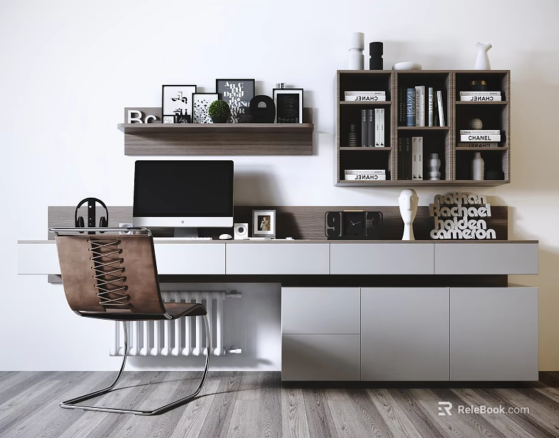Modern Desk With White Wooden Design Computer Monitor Headphones Framed Shelf Green Plant And Bookshelf 3d model 