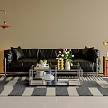 Retro Black Leather Sofa And Metal Glass Coffee Table Set For Cozy Living Room