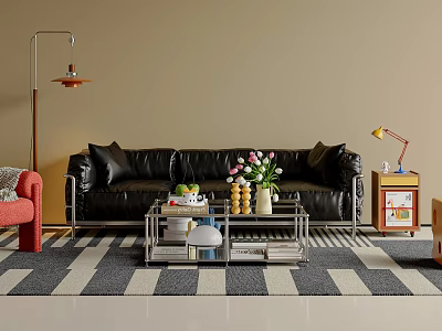 Retro Black Leather Sofa And Metal Glass Coffee Table Set For Cozy Living Room 3d model