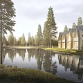 Scenic Forest Surrounded Waterfront With Luxury Villas And Boats On Lake