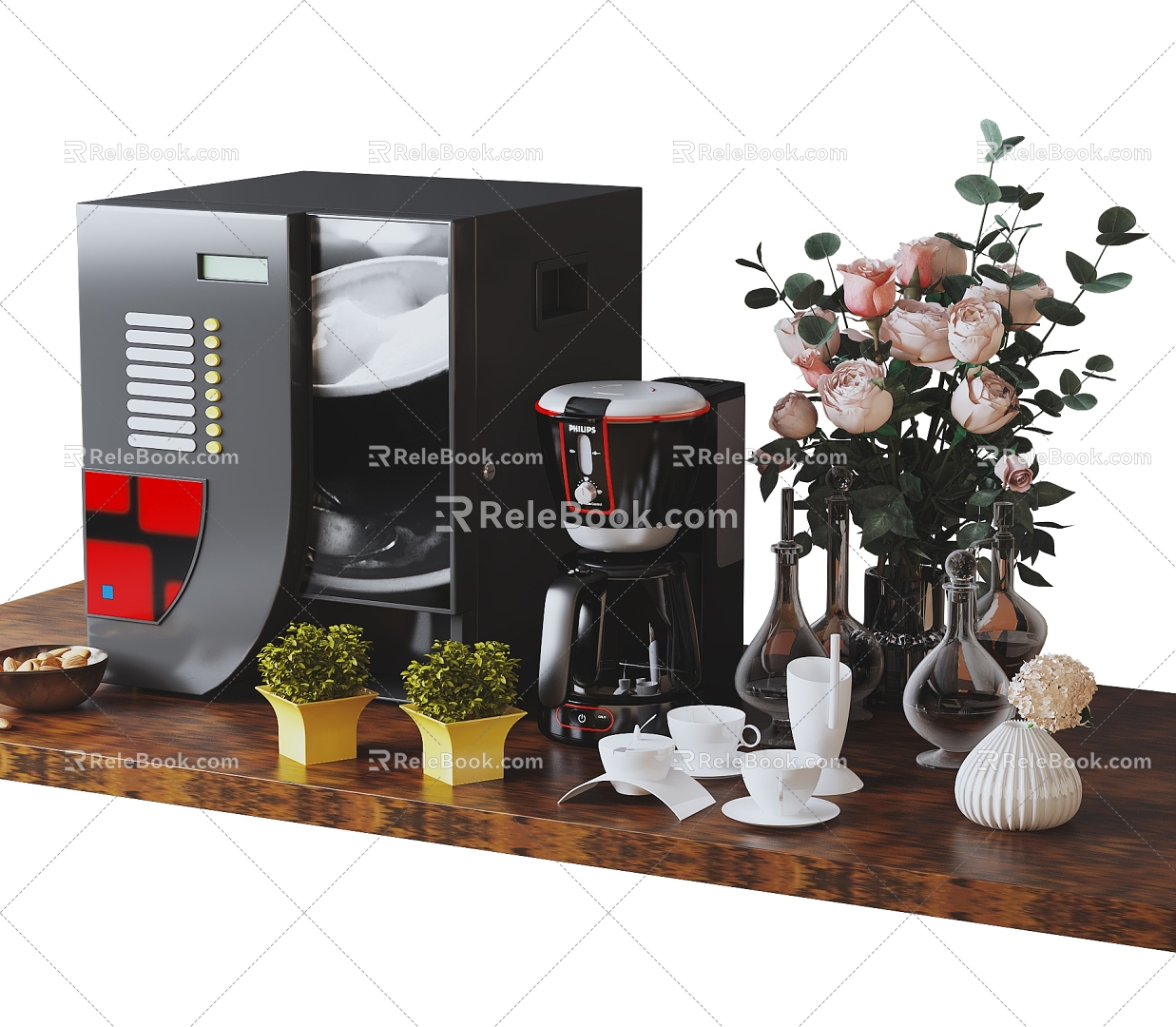 Modern Kitchen Supplies Kitchen Appliances Coffee Machine Roses Potted Nuts 3d model