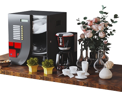 Modern Kitchen Supplies Kitchen Appliances Coffee Machine Roses Potted Nuts 3d model