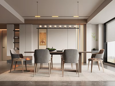 Modern Restaurant Interior With Wooden Dining Table Gray Chairs Pendant Lights And Large Window 3d model