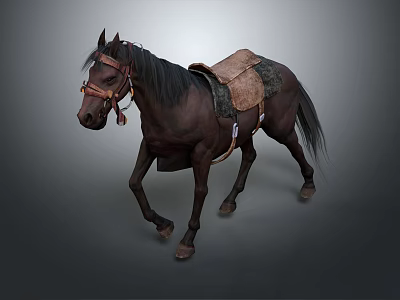 Realistic Brown Horse With Leather Saddle Walking On Gray Background 3d model
