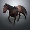 Realistic Brown Horse With Leather Saddle Walking On Gray Background 3d model