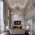 Luxurious Duplex Living Room With Crystal Chandelier Decorative Wall Panels And Dining Table