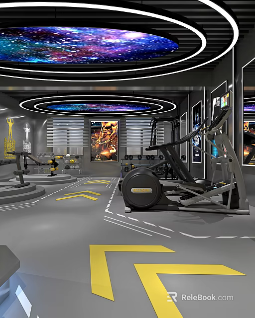 Modern Fitness Gym Interior With Workout Equipment Yellow Arrow Markings And Wall Art 3d model 