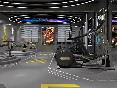 Modern Fitness Gym Interior With Workout Equipment Yellow Arrow Markings And Wall Art 3d model