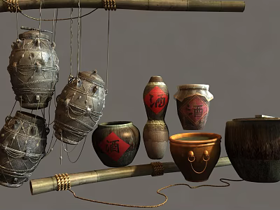 Hanging Vintage Wine Bottles And Glasses On Bamboo Rack With Traditional Jars 3d model Hanging Vintage Wine Bottles And Glasses On Bamboo Rack With Traditional Jars 3d model