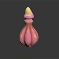 Elegant Pink Perfume Bottle With Gold Decorative Accents And Curved Design Details