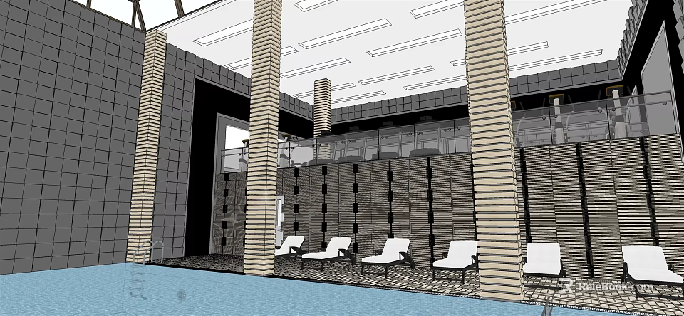 Indoor Fitness Center Swimming Pool Area With White Lounge Chairs And Columns 3d model 