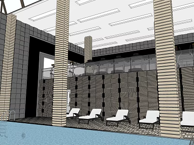 Indoor Fitness Center Swimming Pool Area With White Lounge Chairs And Columns 3d model