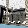Indoor Fitness Center Swimming Pool Area With White Lounge Chairs And Columns