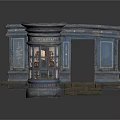 Vintage Chemist Shop Facade Scene Component With Blue Walls Windows Steps And Decorative Columns