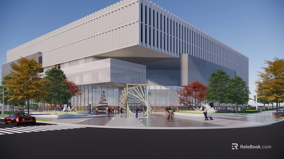 Modern Commercial Complex With Glass Facade And Metal Structure Surrounded By Trees And Pedestrians 3d model 