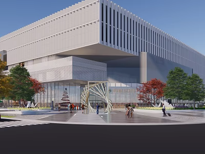 Modern Commercial Complex With Glass Facade And Metal Structure Surrounded By Trees And Pedestrians 3d model
