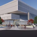 Modern Commercial Complex With Glass Facade And Metal Structure Surrounded By Trees And Pedestrians