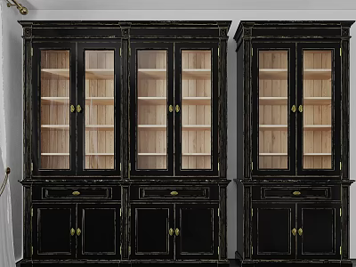 Black Decorative Cabinets With Glass Doors Gold Handles Multiple Shelves And Classic Elegant Design 3d model