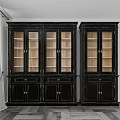 Black Decorative Cabinets With Glass Doors Gold Handles Multiple Shelves And Classic Elegant Design