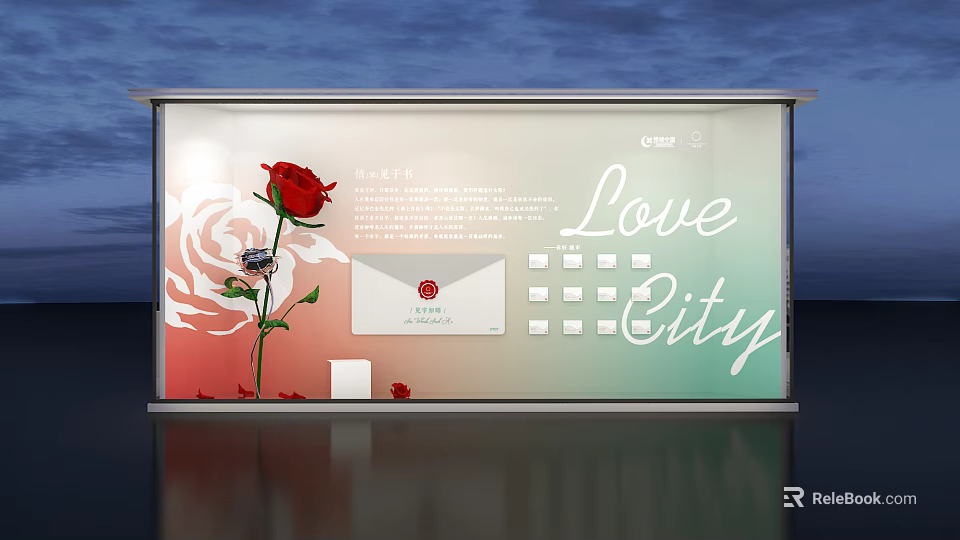 Love City Display Board With Red Rose Envelope And Design Elements 3d model 
