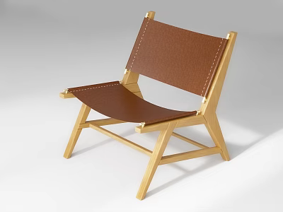 Leisure Chair with Natural Wooden Frame and Brown Leather Seat in Simple Modern Style 3d model