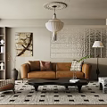 Modern Living Room Interior With Brown Sofa Coffee Table Decorative Painting And Pendant Lamp