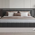 Modern Double Bed With Grey Upholstered Headboard Multiple Pillows Brown Throw Blanket Vertical Striped Wall 3d model