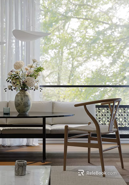 Modern Restaurant Interior With Vase Of Flowers Sofa Wooden Chair And Green Window View 3d model 