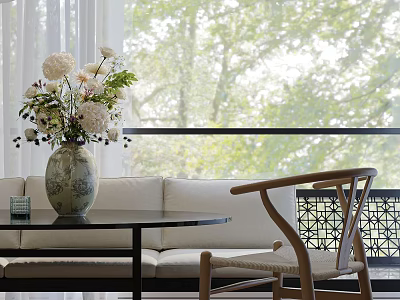 Modern Restaurant Interior With Vase Of Flowers Sofa Wooden Chair And Green Window View 3d model