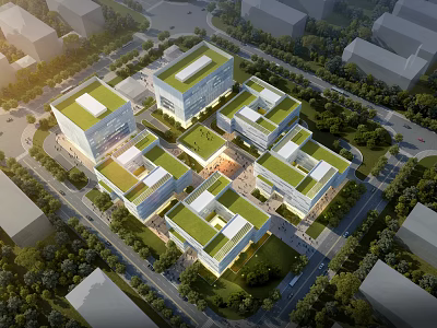 Modern Industrial Factory Complex With Green Roofs And Landscaped Surrounding Roads 3d model