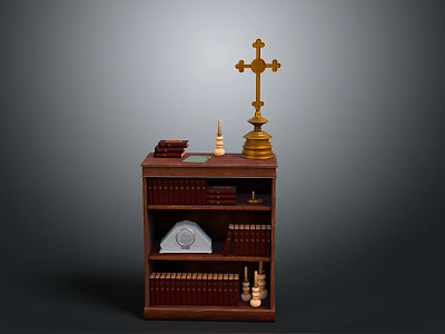 Wooden Bookcase With Golden Cross Books Candles And Decorative Items 3d model