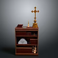Wooden Bookcase With Golden Cross Books Candles And Decorative Items