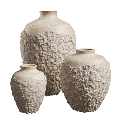 Three Textured Ceramic Vessels In Natural Rustic Style With Neutral Tones For Home Decor 3d model