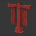 Decorative Wooden Pillar With Crossbar Hanging Red Banners Featuring Emblems On Pedestal Base
