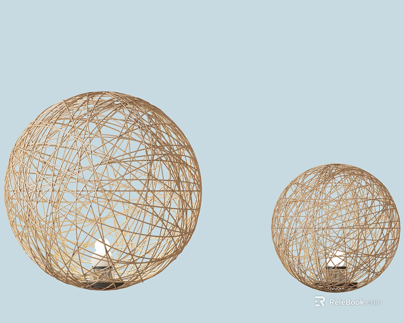 Woven Rattan Spherical Floor Lamps with Warm Light on Light Blue Background 3d model 