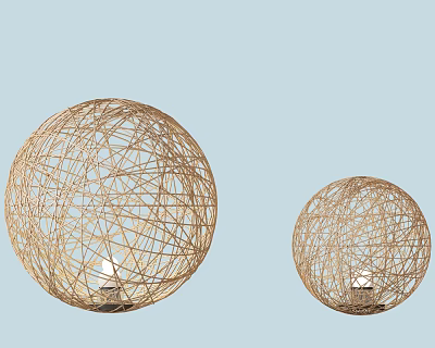 Woven Rattan Spherical Floor Lamps with Warm Light on Light Blue Background 3d model