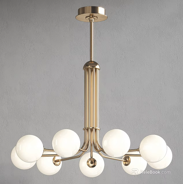 Modern Golden Metal Chandelier With Branched Frame And White Spherical Bulbs 3d model 