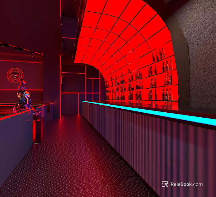 Cyberpunk Style Bar Interior With Red Neon Lights And Long Counter 3d model 