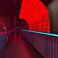 Cyberpunk Style Bar Interior With Red Neon Lights And Long Counter